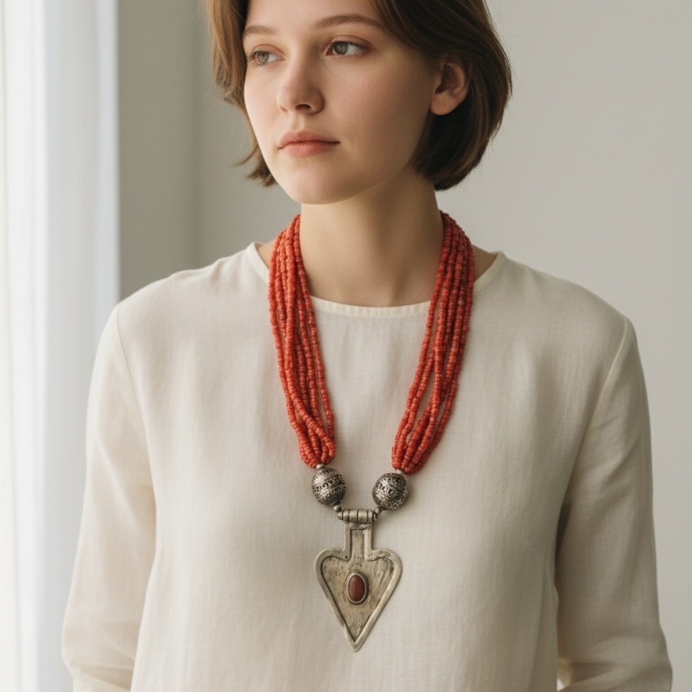 Multi-Strand Red Glass Bead Necklace W/A large Silver-tone Spade-shaped Pendant
